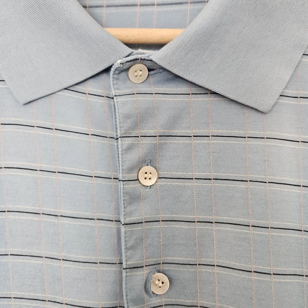 Golf Polo Shirt Short Sleeve Mens XL Blue Plaid  100% Cotton Alan Flusser Stripe